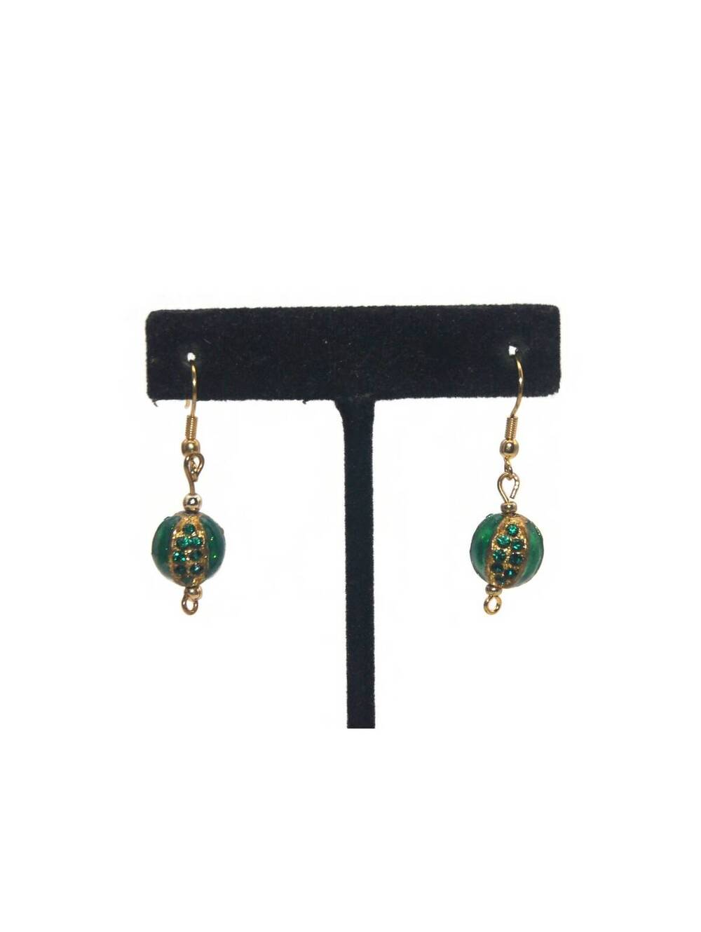 Vintage Gold Tone with Green Enamel and Green Rhinestones Dangle Earrings.